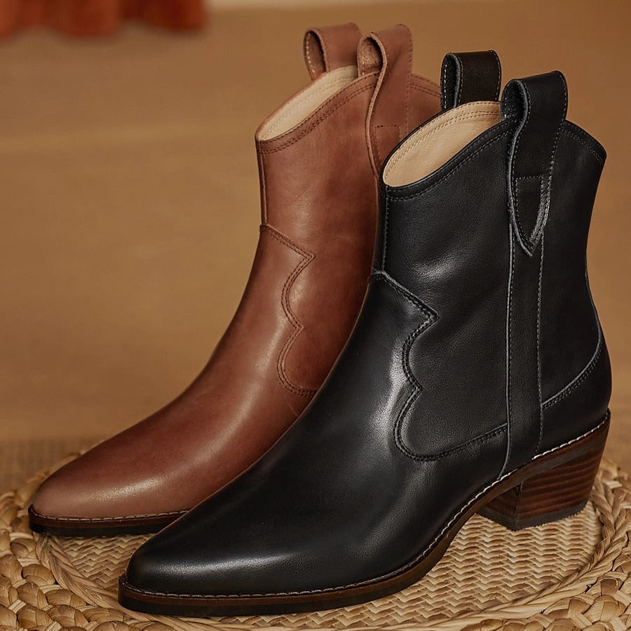 Women's Genuine Leather Western Ankle Boots – Pointed Toe & Block Heel