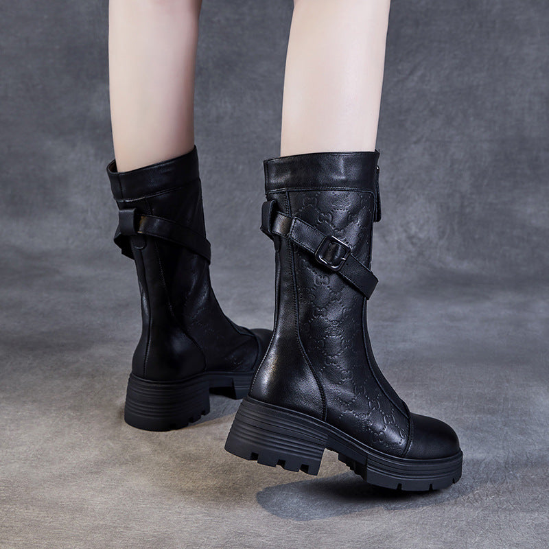 Women's Mid-Calf Embossed Genuine Leather Boots – Buckle Detail Chunky Heel Platform