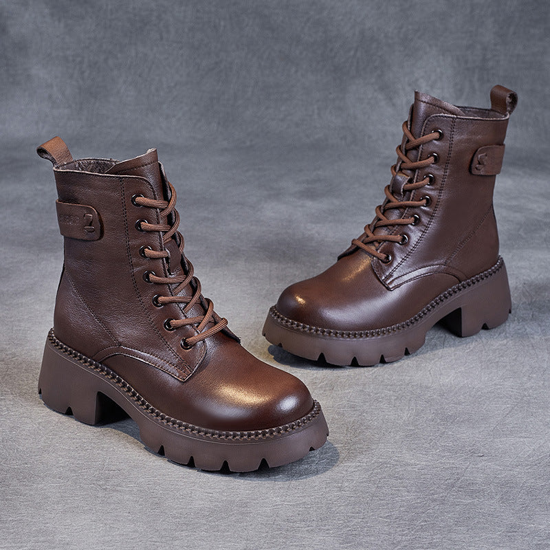 Women's Genuine Leather Combat Boots – Platform Chunky Heel with Side Zipper