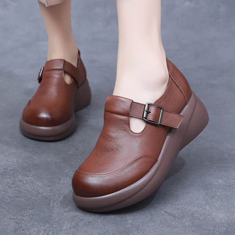Women's Leather Chunky Round Toe Platform Shoes - Ergonomic Wedge T-Strap Mary Janes