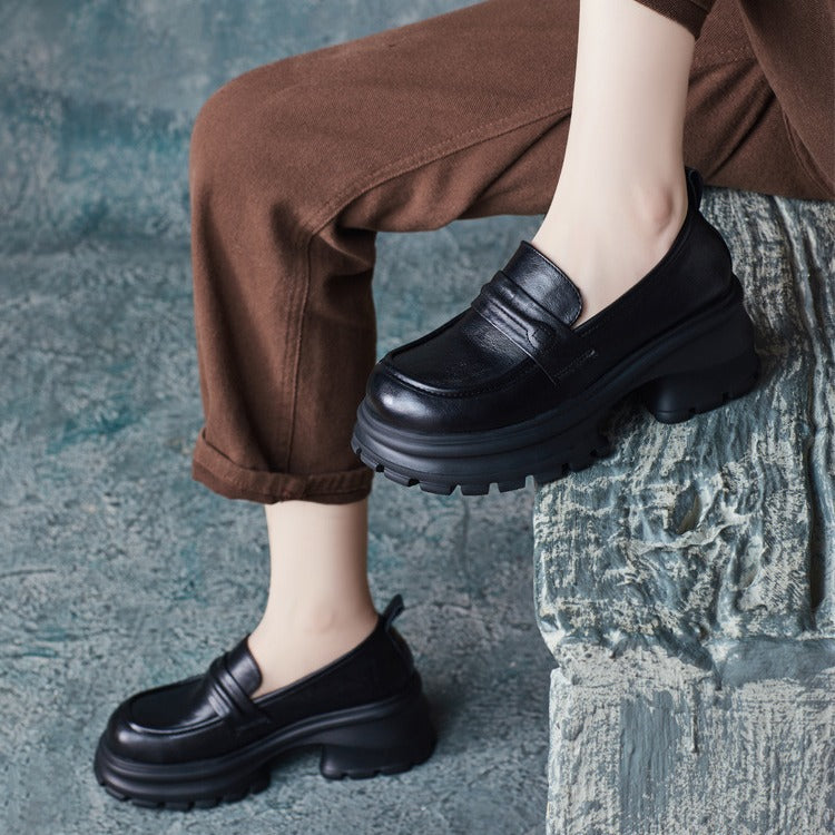 Womens Genuine Leather Heeled Platform Casual Loafers