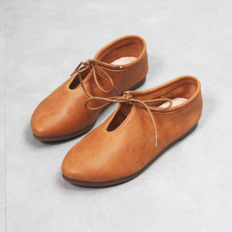 Women's Genuine Leather Lace-Up Flats – British Style Comfortable Shoes