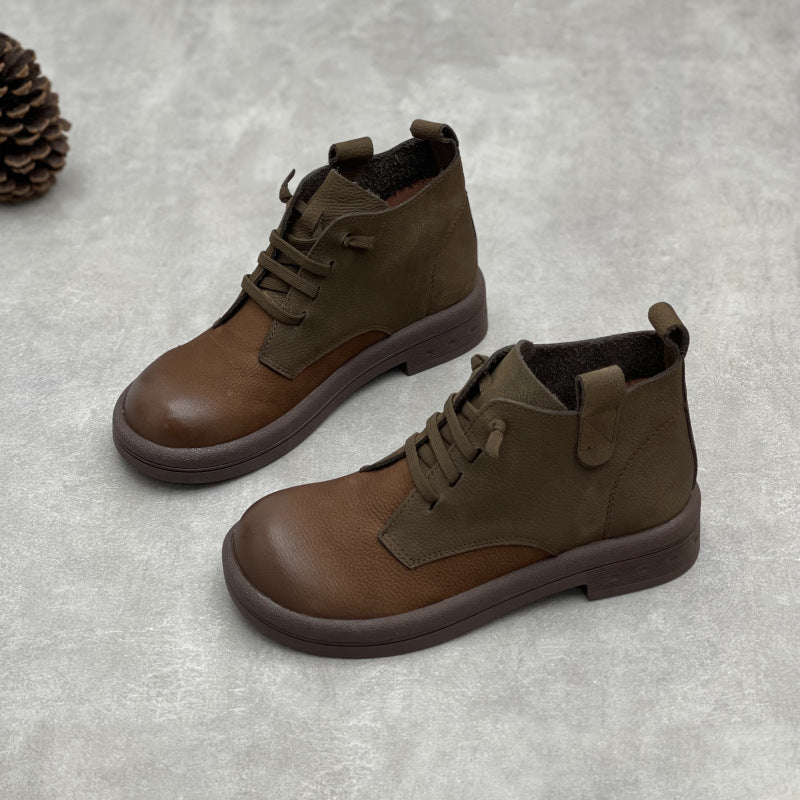 Women's Comfortable Leather Short Boots – Round Toe Patchwork Ankle Shoes