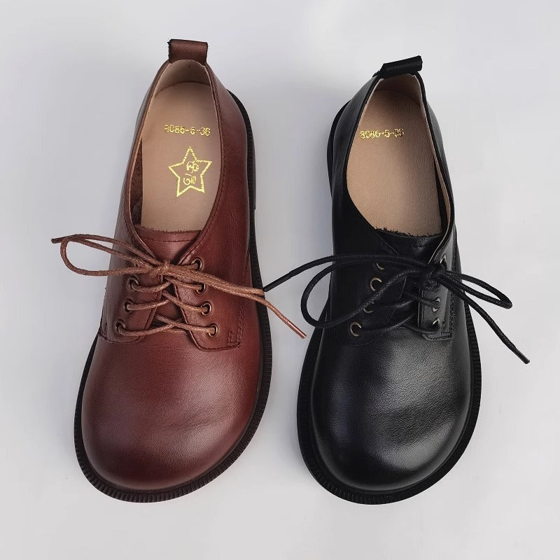Women's Handmade Wide Toe Box Leather Lace-Up Casual Flat Shoes