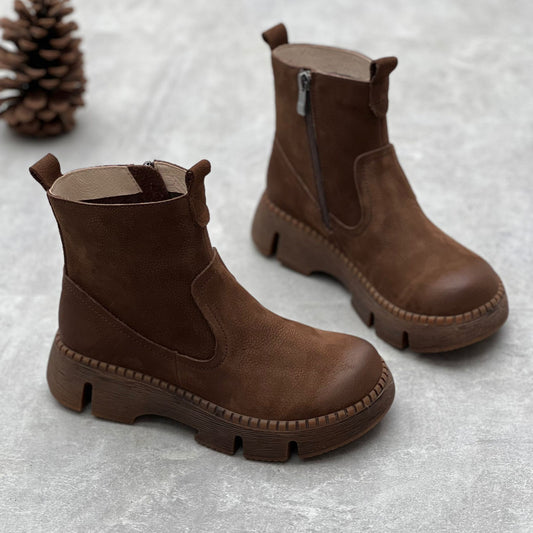 Women's Leather Side Zipper Platform Boots – Comfortable & Casual