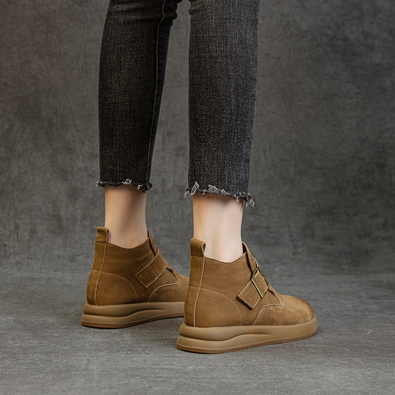 Women's Vintage Leather High-Top Ankle Boots – Buckle Strap Casual Style