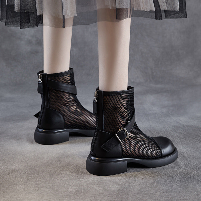 Women's Leather Summer Boots – Mesh Insert Breathable Ankle Shoes
