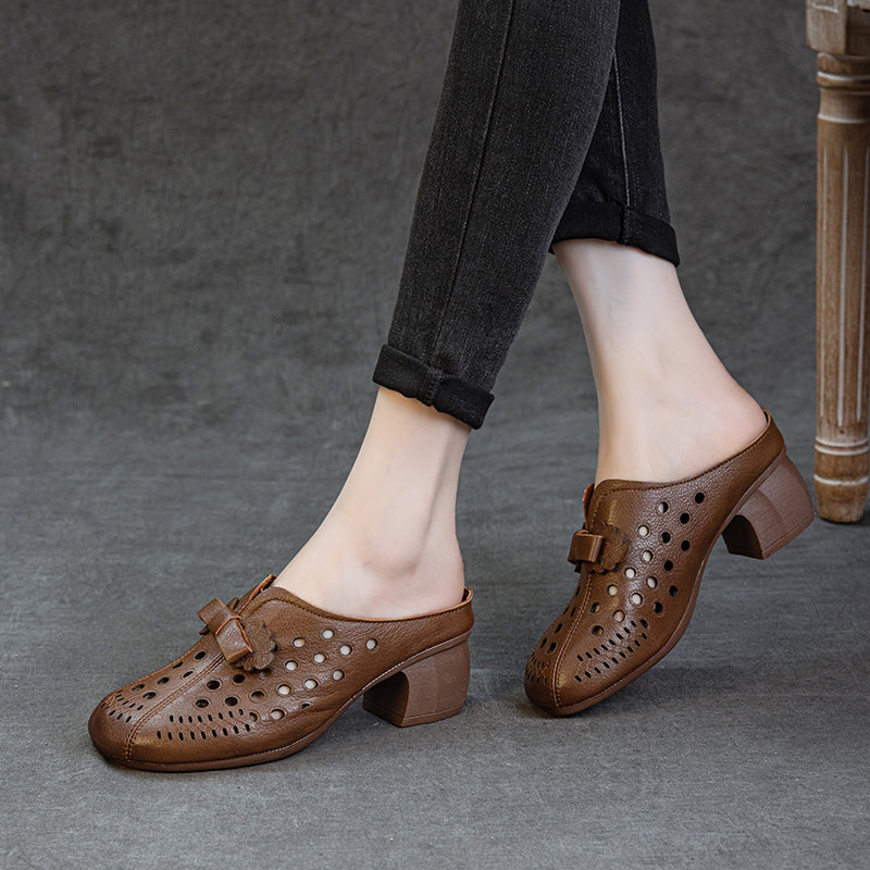 Women's Leather Bowknot Hollow Out Mid Heel Block Mule Shoes