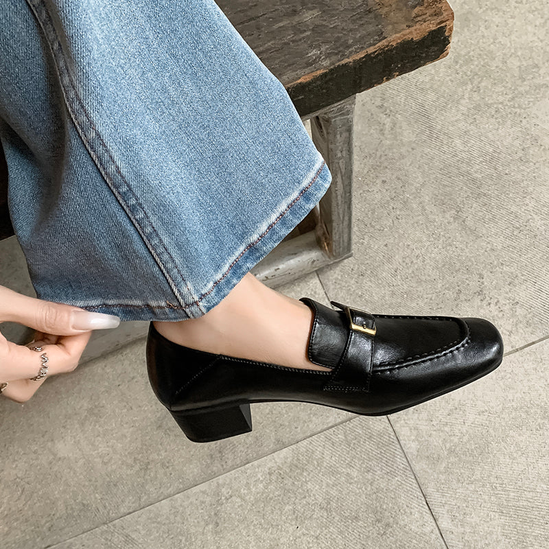 Women's Retro Square Toe Buckle Block Heeled Loafers Pump