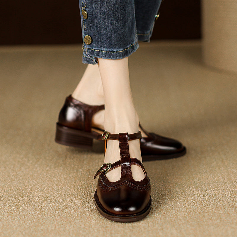 Retro Women's Leather Mary Jane Brogue Ankle Strap Shoes – Classic Low Heel