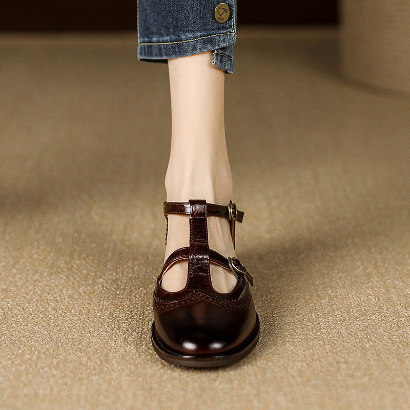 Retro Women's Leather Mary Jane Brogue Ankle Strap Shoes – Classic Low Heel