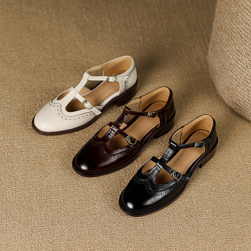 Retro Women's Leather Mary Jane Brogue Ankle Strap Shoes – Classic Low Heel