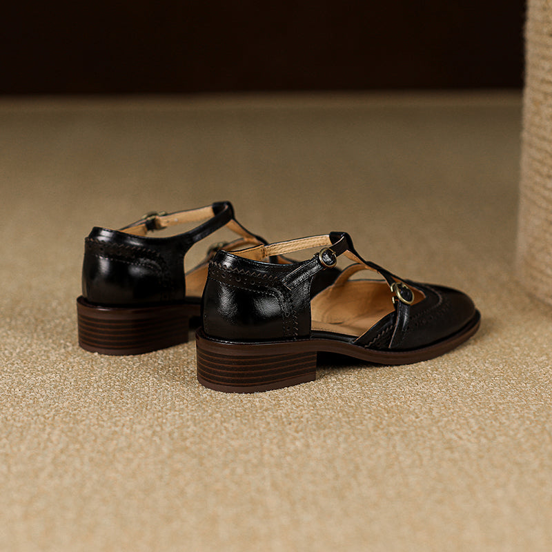 Retro Women's Leather Mary Jane Brogue Ankle Strap Shoes – Classic Low Heel