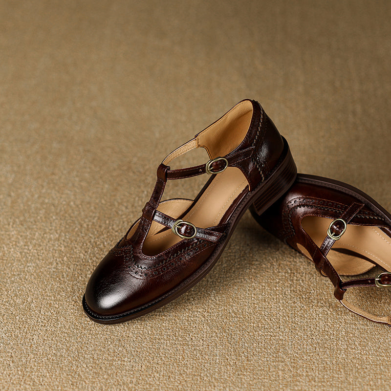 Retro Women's Leather Mary Jane Brogue Ankle Strap Shoes – Classic Low Heel