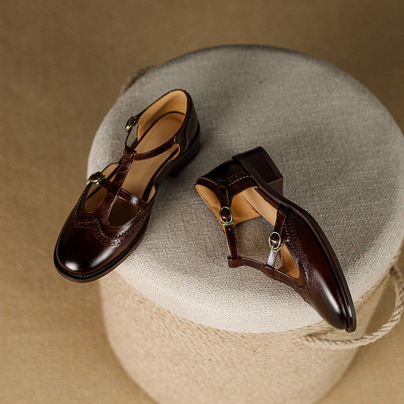 Retro Women's Leather Mary Jane Brogue Ankle Strap Shoes – Classic Low Heel