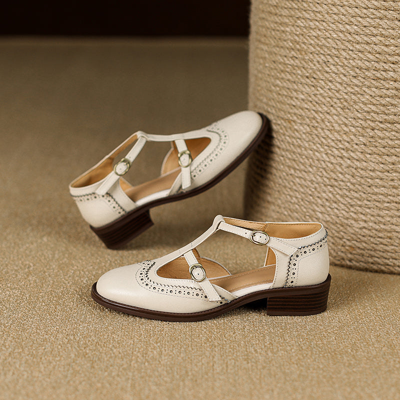 Retro Women's Leather Mary Jane Brogue Ankle Strap Shoes – Classic Low Heel