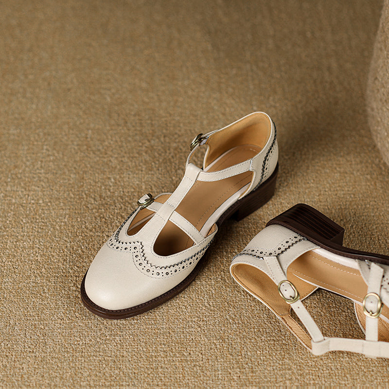 Retro Women's Leather Mary Jane Brogue Ankle Strap Shoes – Classic Low Heel