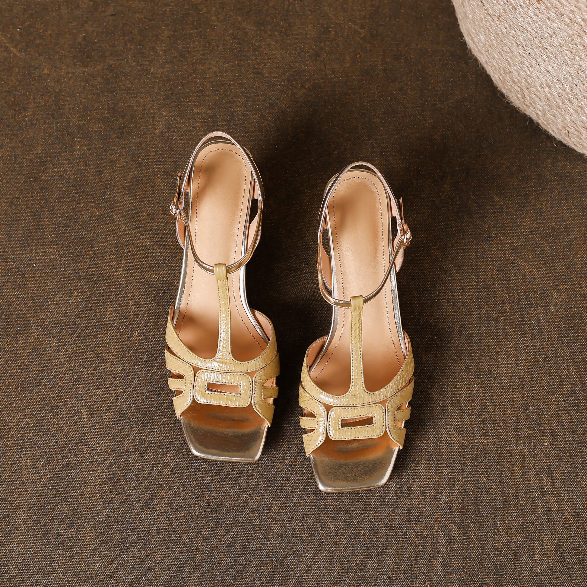 Women's Handmade Mid-heel Open Square Toe Leather Sandals - RetroStep