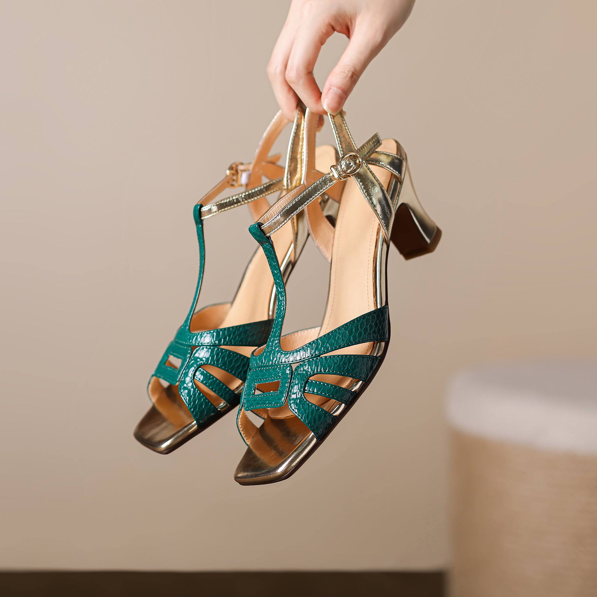 Women's Handmade Mid-heel Open Square Toe Leather Sandals - RetroStep