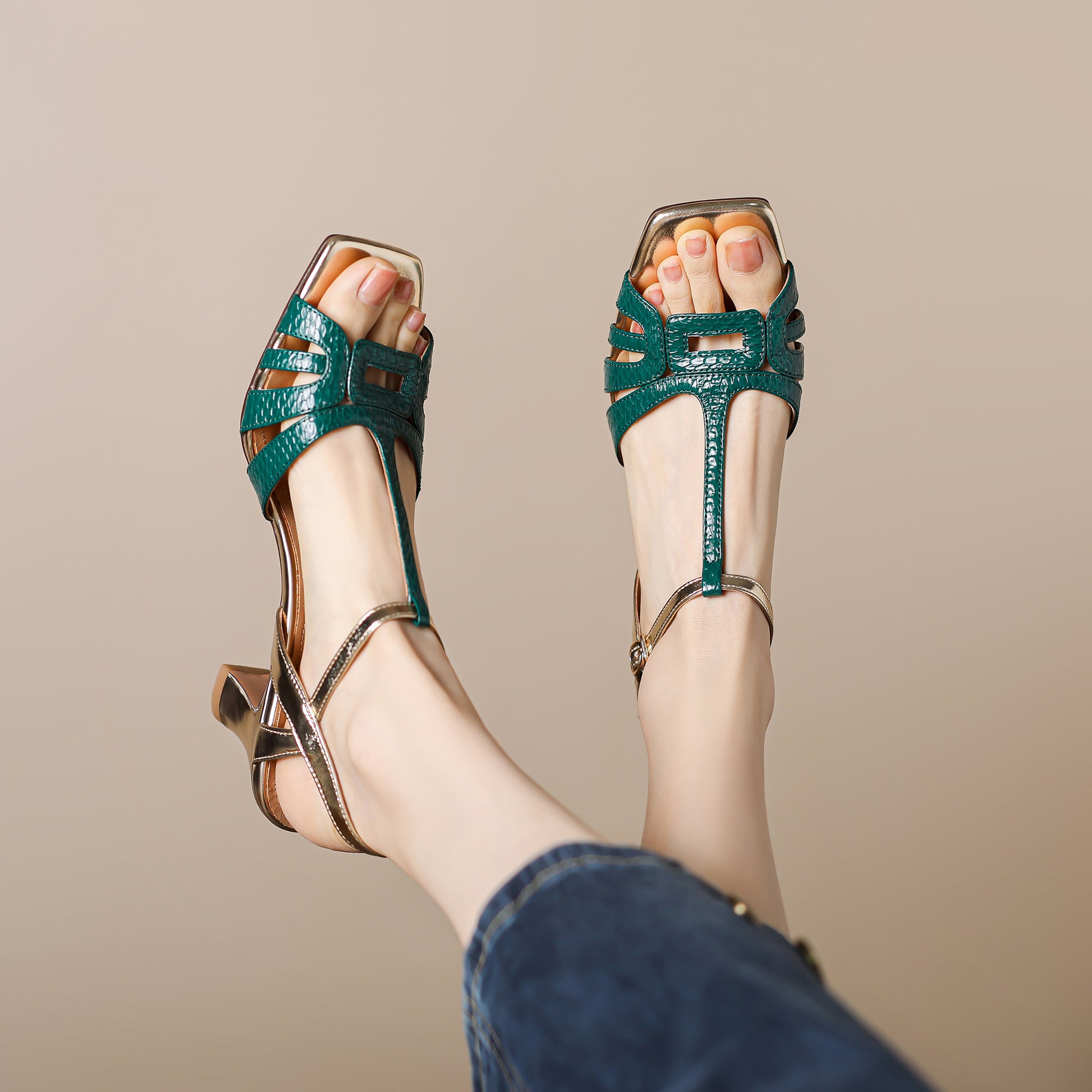 Women's Handmade Mid-heel Open Square Toe Leather Sandals - RetroStep