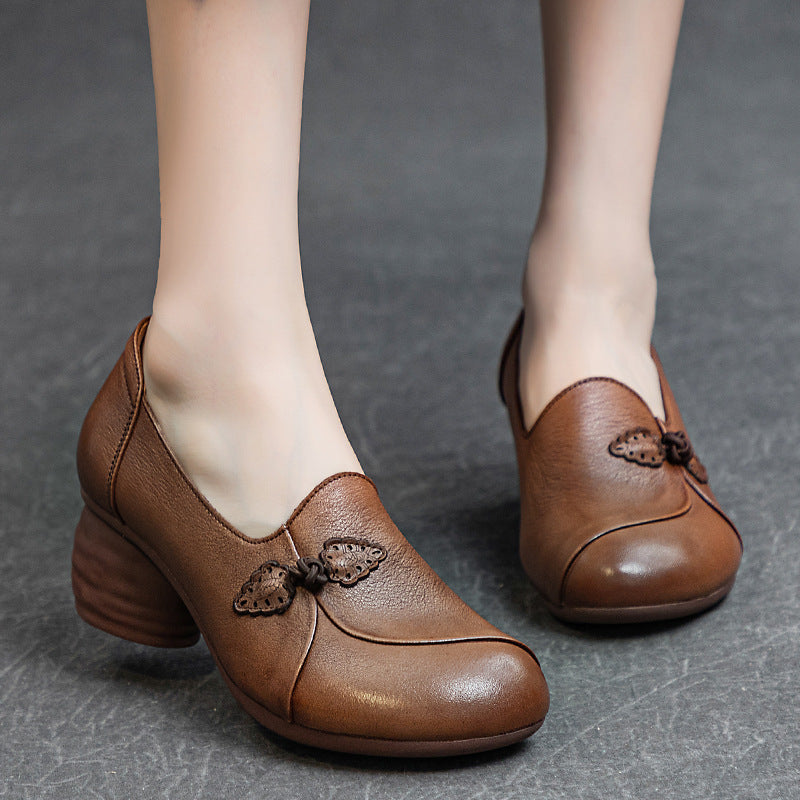 Women's Elegant Slip-On Mid Heels – Inspired by Chinese Frog Button Design