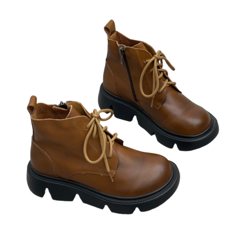 Women's Vintage Leather Platform Ankle Boots – Lace-Up Zipper Style