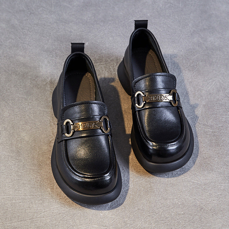 Women's Retro Soft Genuine Leather Loafers – Comfortable Chain Detail