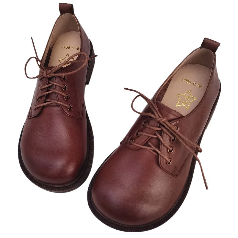 Women's Handmade Wide Toe Box Leather Lace-Up Casual Flat Shoes