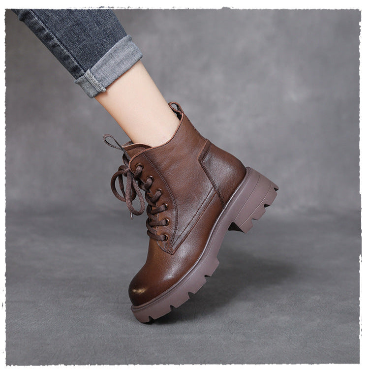 Women's Retro Platform Leather Ankle Boots – Zip & Lace-Up Design