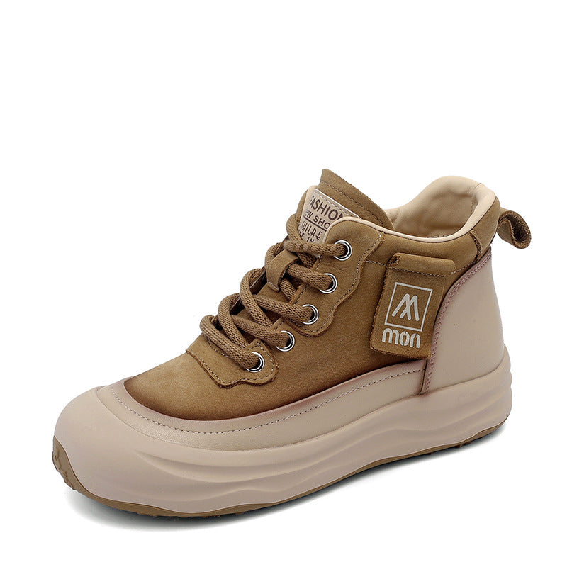 Trendy Women's Leather Platform Sneakers – High-Top Lace-Up Casual Shoes