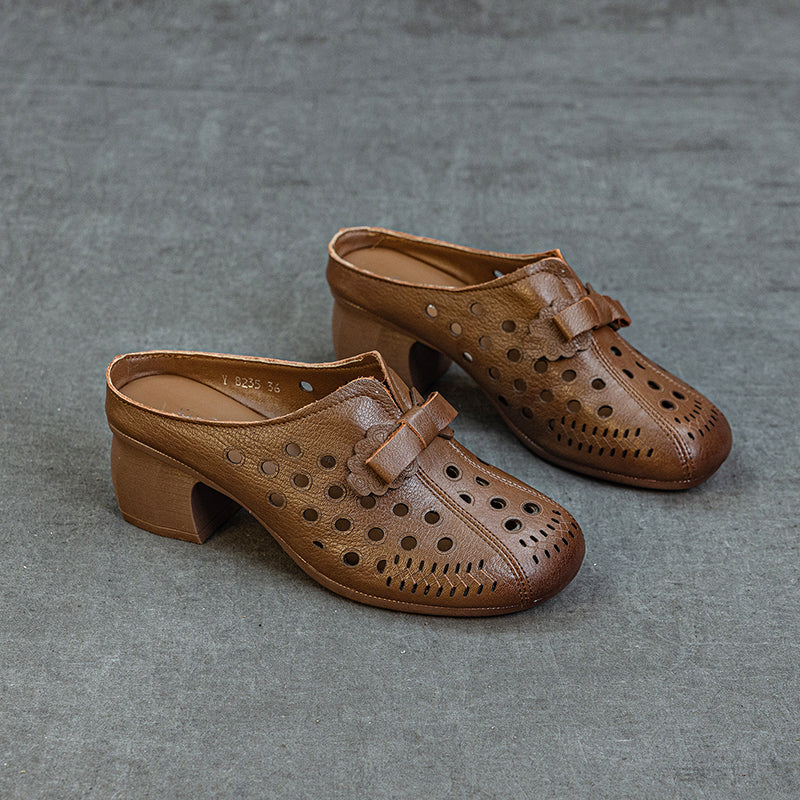 Women's Leather Bowknot Hollow Out Mid Heel Block Mule Shoes