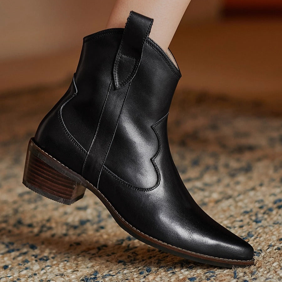 Women's Genuine Leather Western Ankle Boots – Pointed Toe & Block Heel