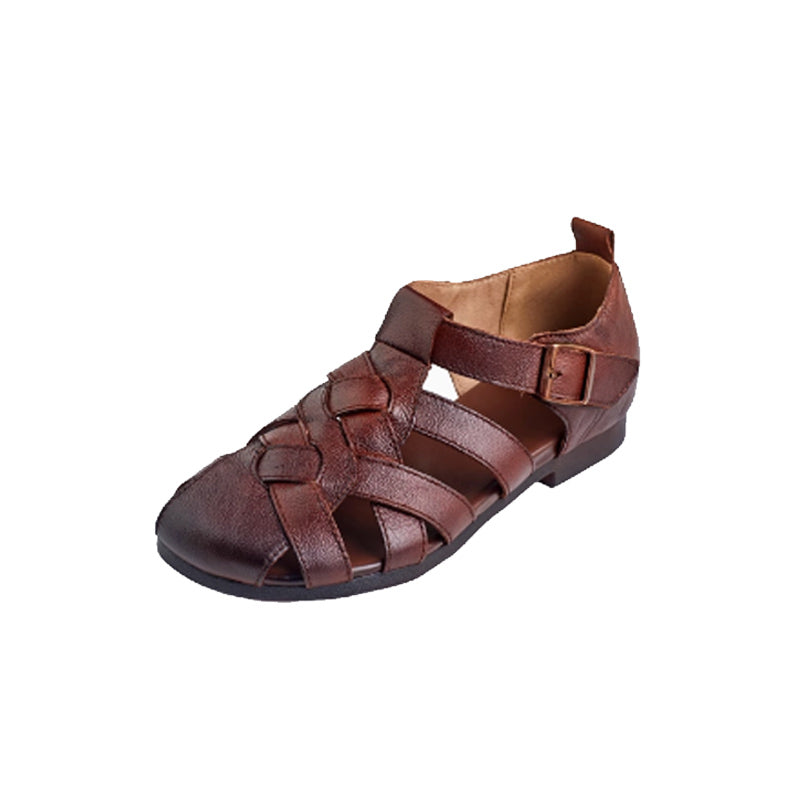 Women Handmade Leather Closed Toe Flat Comfort Buckle Fisherman Shoes Sandals