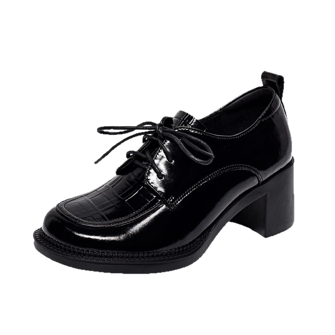 Women’s Patent Leather British Style Lace-Up Block Heel Loafers – Mid Heel Shoes