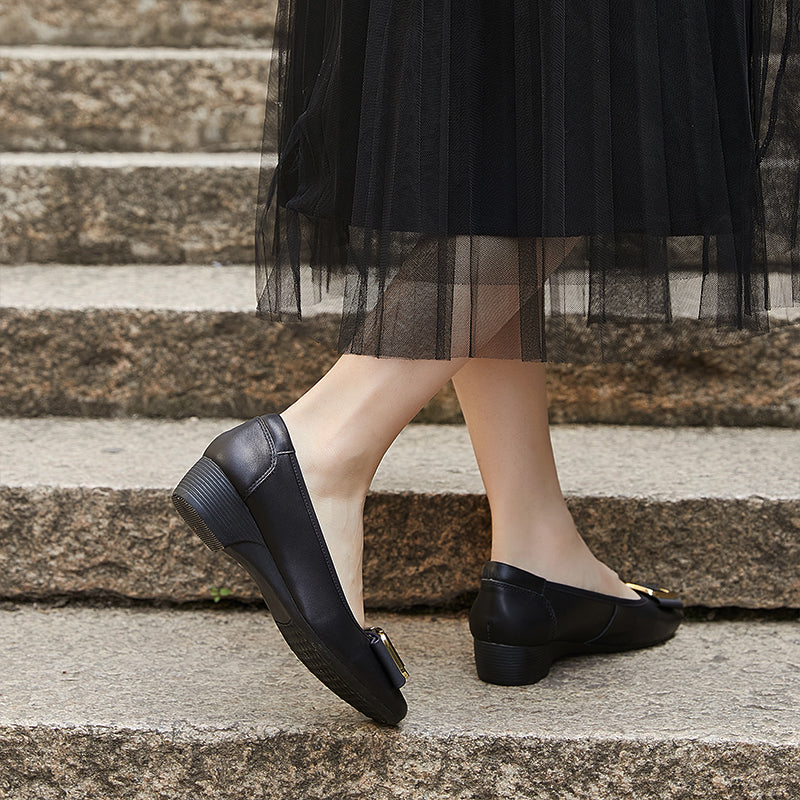 Women's Leather Low Heel Metal Buckle Embellished Pump