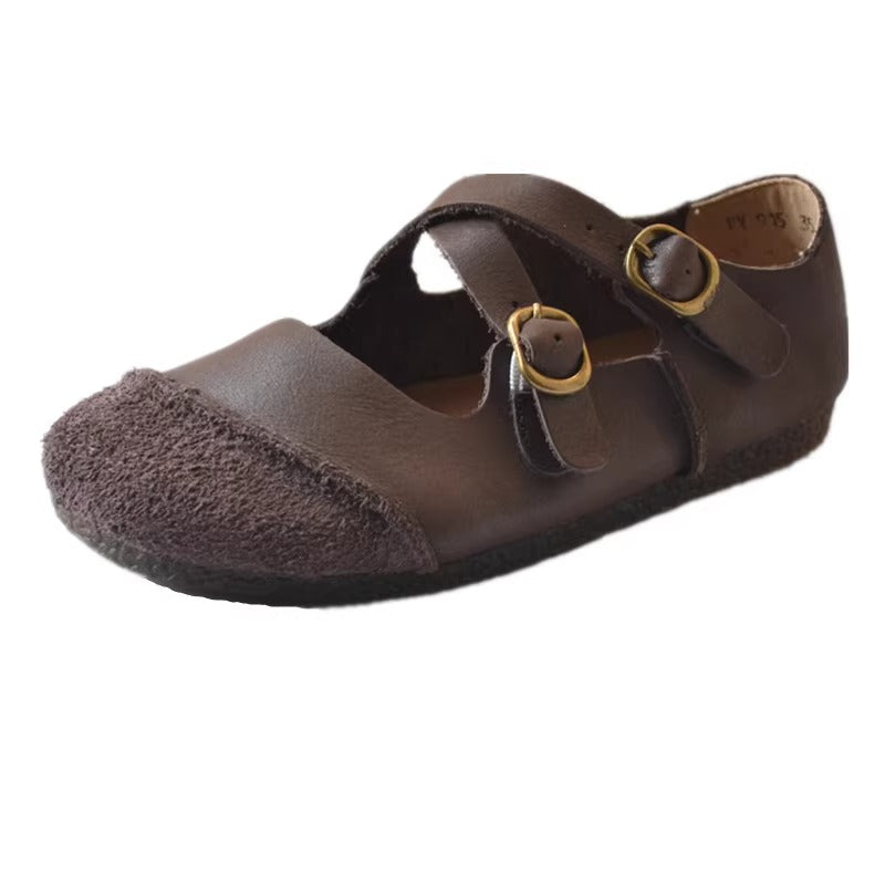 Women's Women's Leather Retro Patchwork Flat Cross Strap Mary Jane Shoes