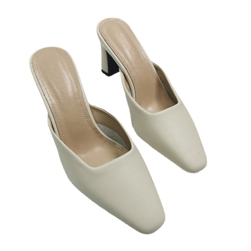 Women's Leather Square Toe High Heeled Mule Shoes