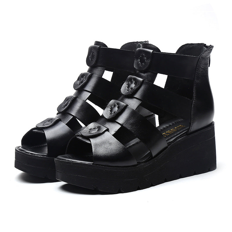 Women's Leather Open Toe Chunky Wedge Heel Roman Sandal Boots
