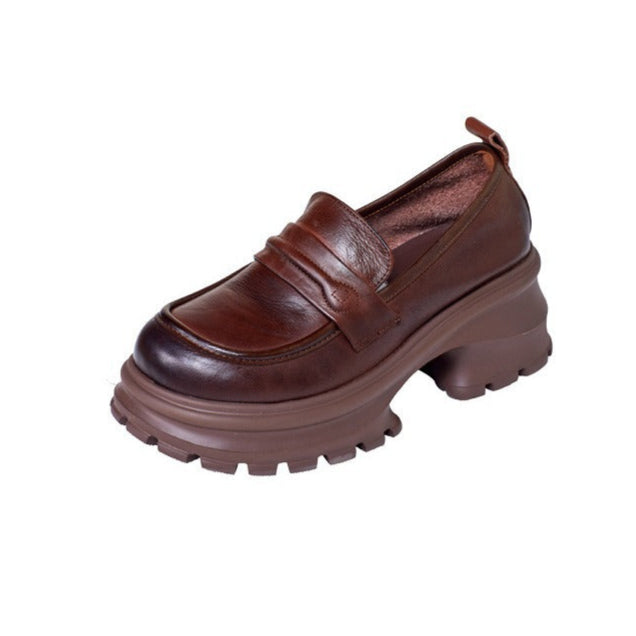 Womens Genuine Leather Heeled Platform Casual Loafers