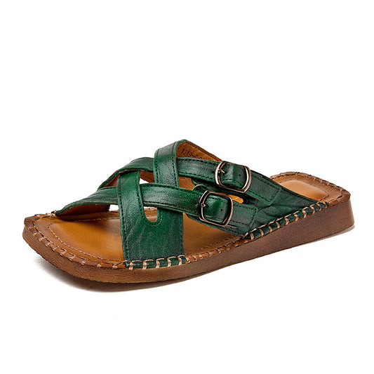 Women's Handmade Leather Vintage Cross Buckle Buckle Mule Sandals