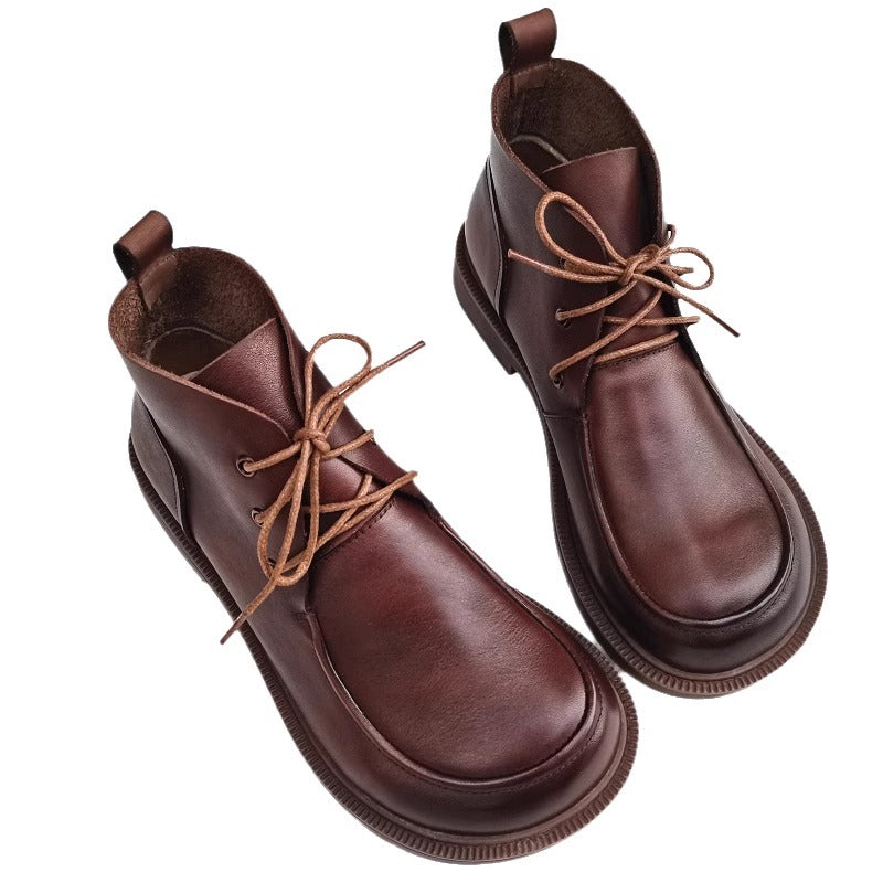 Womens Genuine Leather Wide Toe Lace-up Ankle Boots