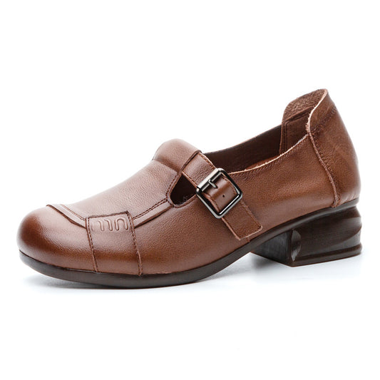 Women's Leather Casual Buckle Up Slip On Low Heeled Loafers