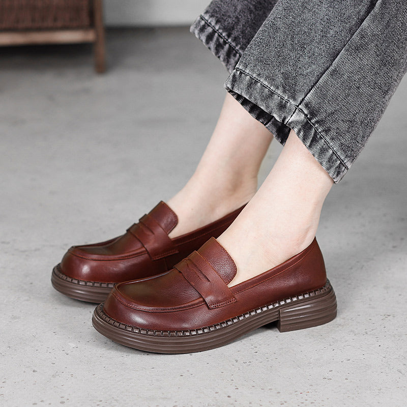 Women's Vintage Leather Handmade Wide Toe Box Loafers
