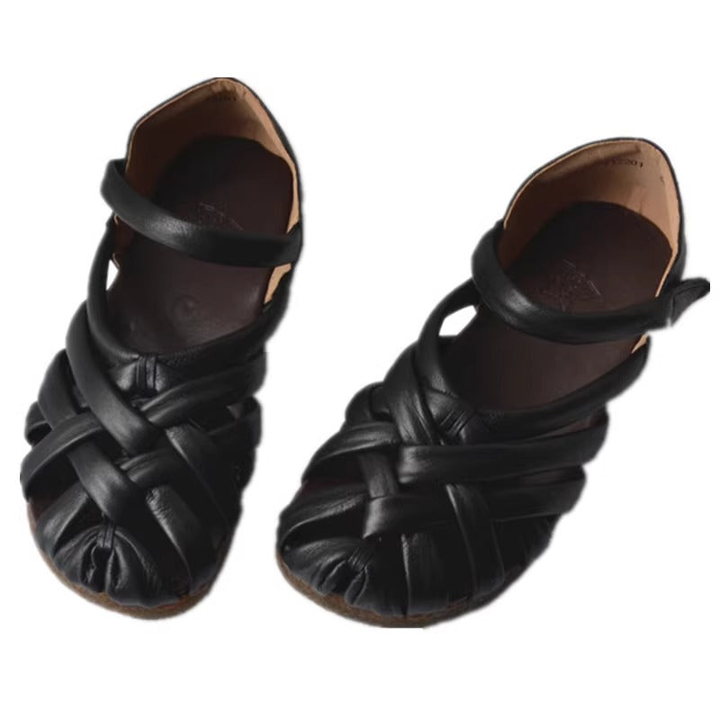 Women's Leather Hand-Woven Velcro Flat Sandals