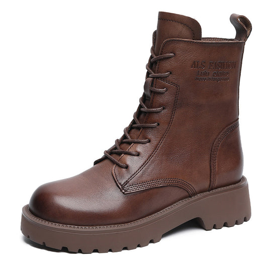 Women's Genuine Leather Casual Combat Boots with Side Zipper Closure