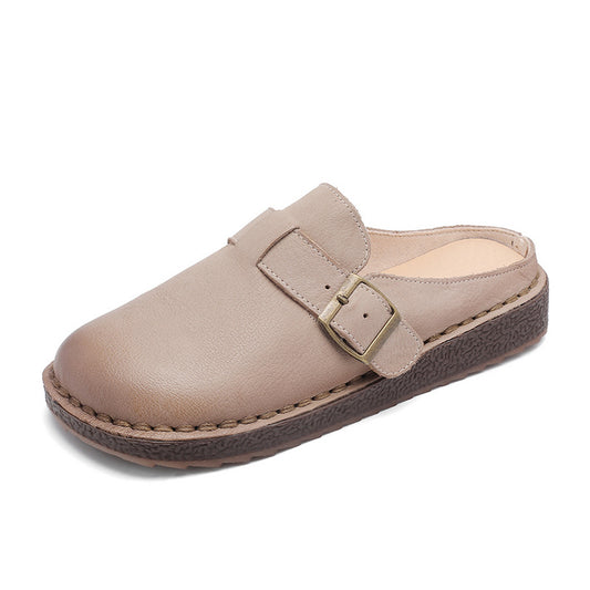 Wide Round Toe Leather Buckle With Decoration Flat Comfort Women's Mule Shoes