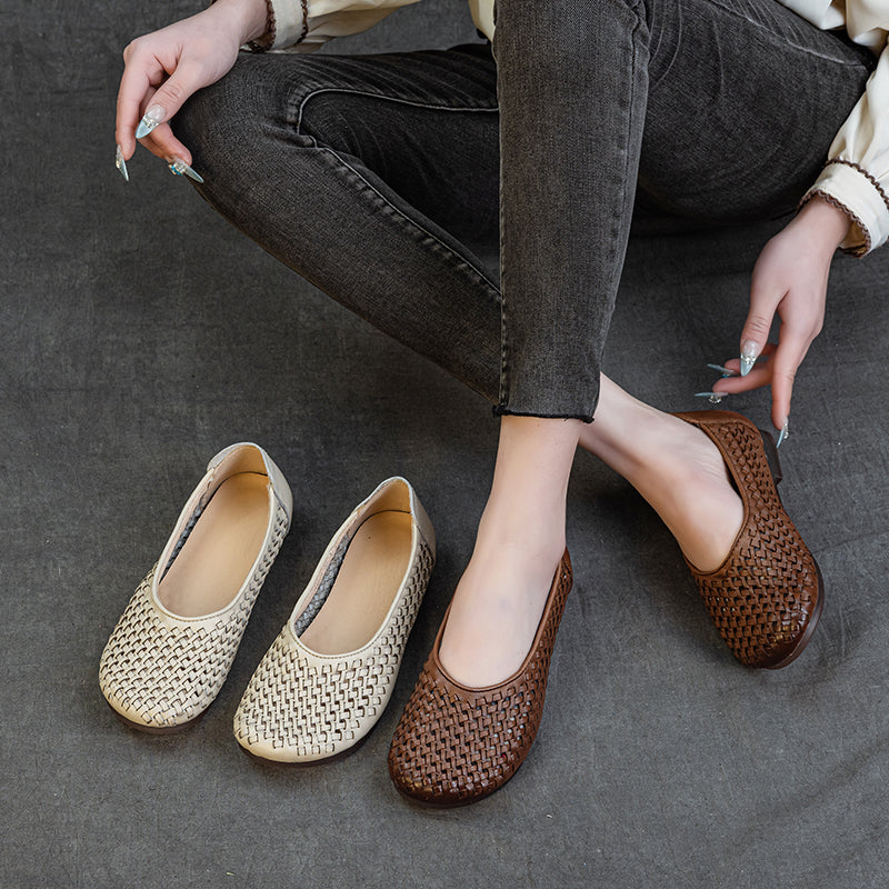 Women's Leather Woven Hollow Out Flat Sandals Glove Shoes