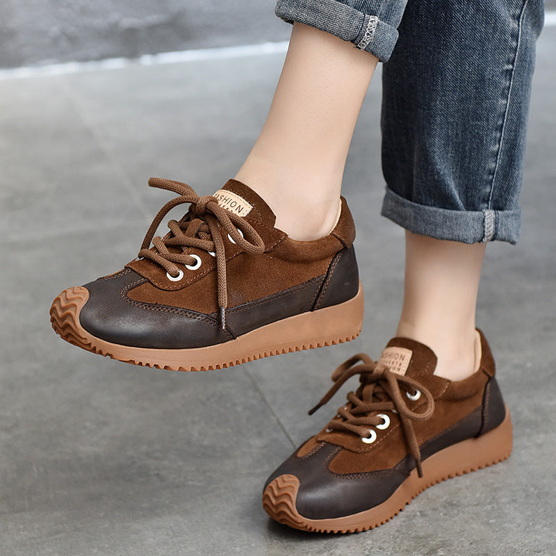 Women's Leather Patchwork Sneakers – Retro Casual Shoes
