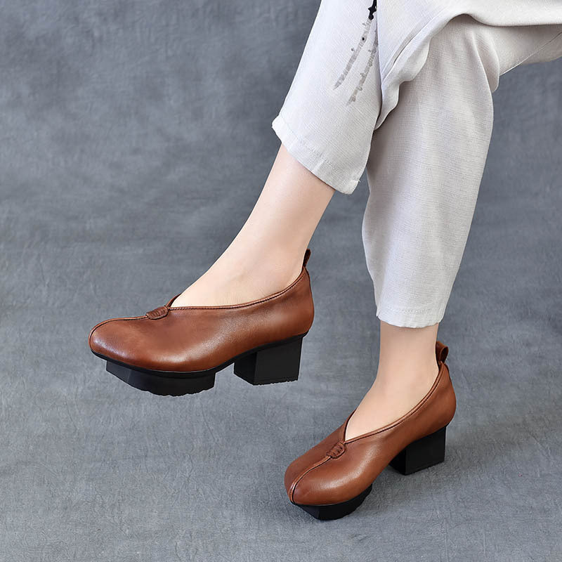 Women's Block Heel Leather High Heels – Slip-On Japanese Design