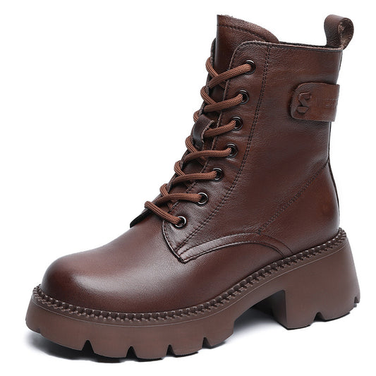Women's Genuine Leather Combat Boots – Platform Chunky Heel with Side Zipper